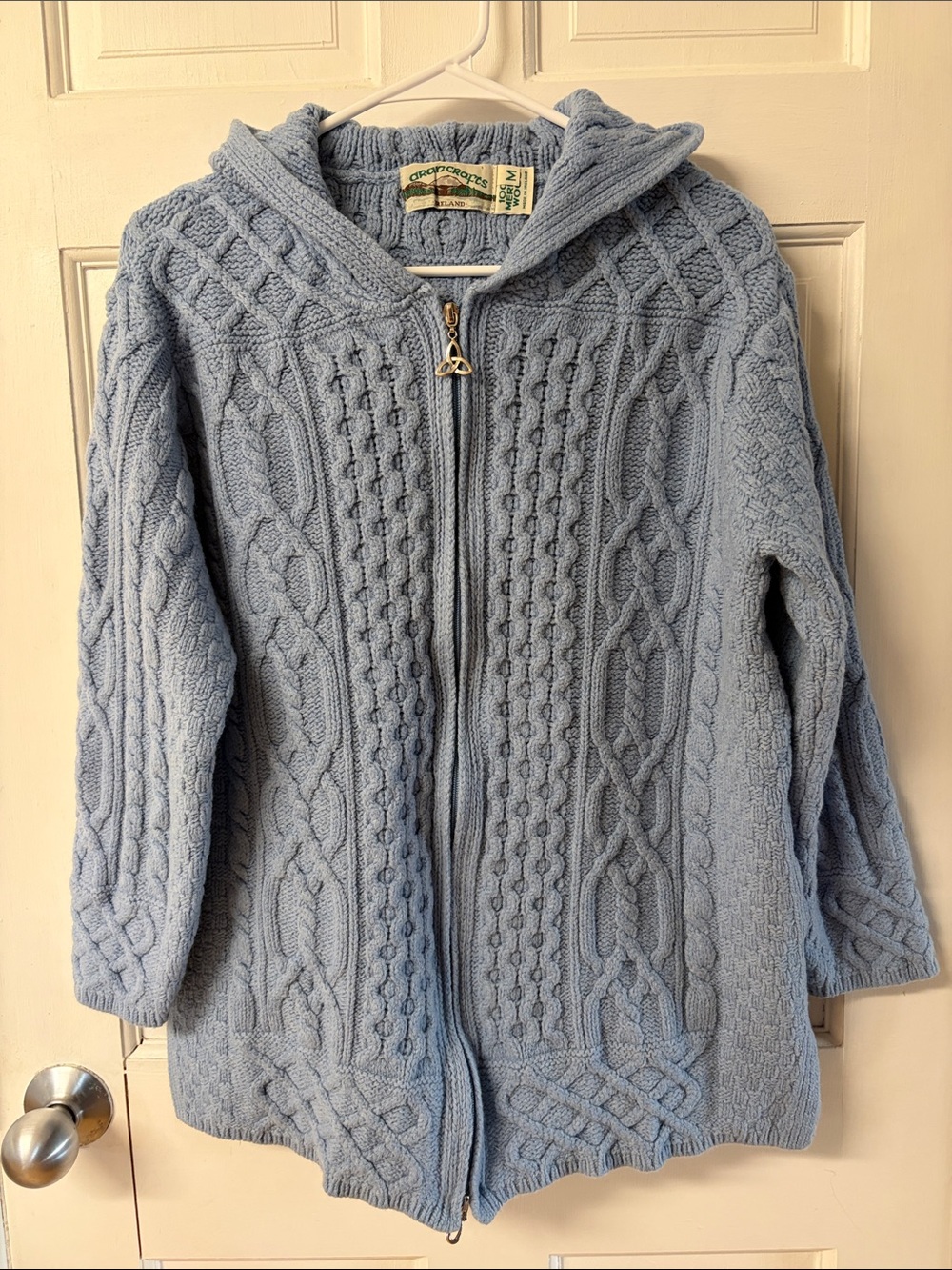 Aran Crafts Ireland Merino Wool light blue zip up hoodie sweater women’s size M